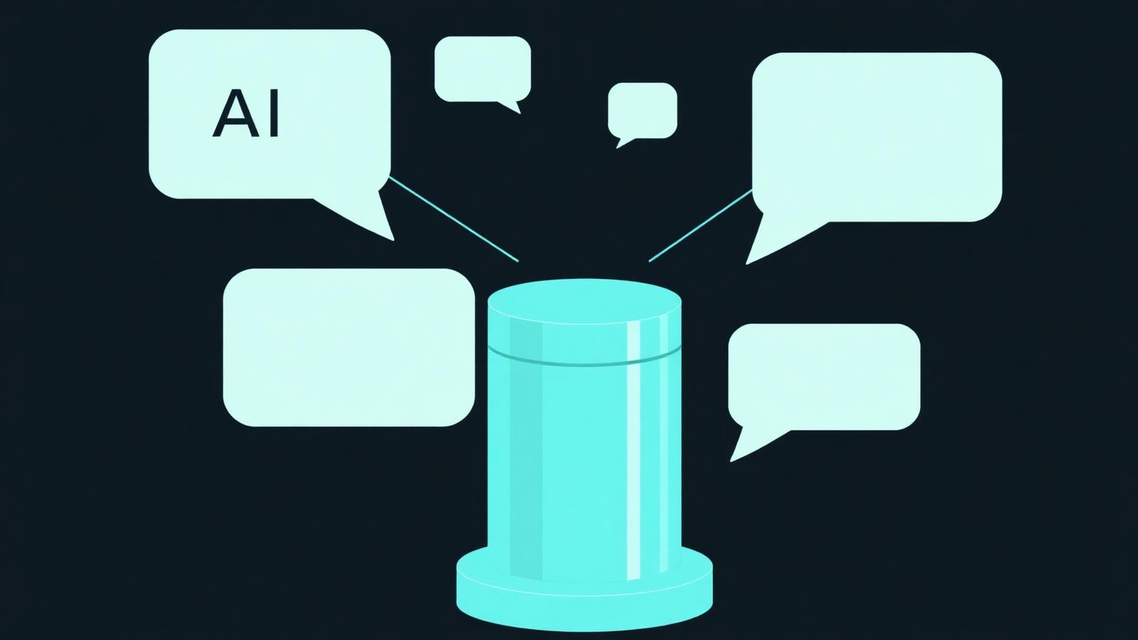 Chat bubbles connected to a knowledge base representing an AI support chatbot