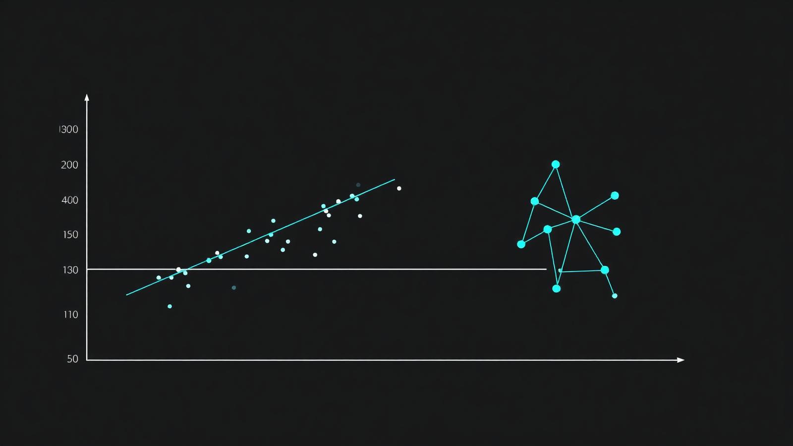 Scatter plot with a fitted trend line beside a layered neural network diagram